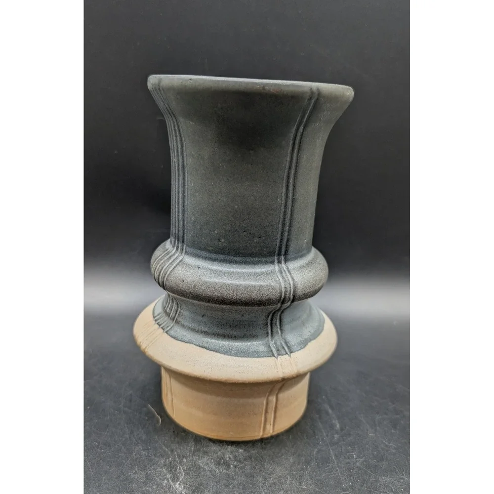 Signed Studio Pottery Brutalist Stoneware Vase Gray Sand Architectural 2022 7